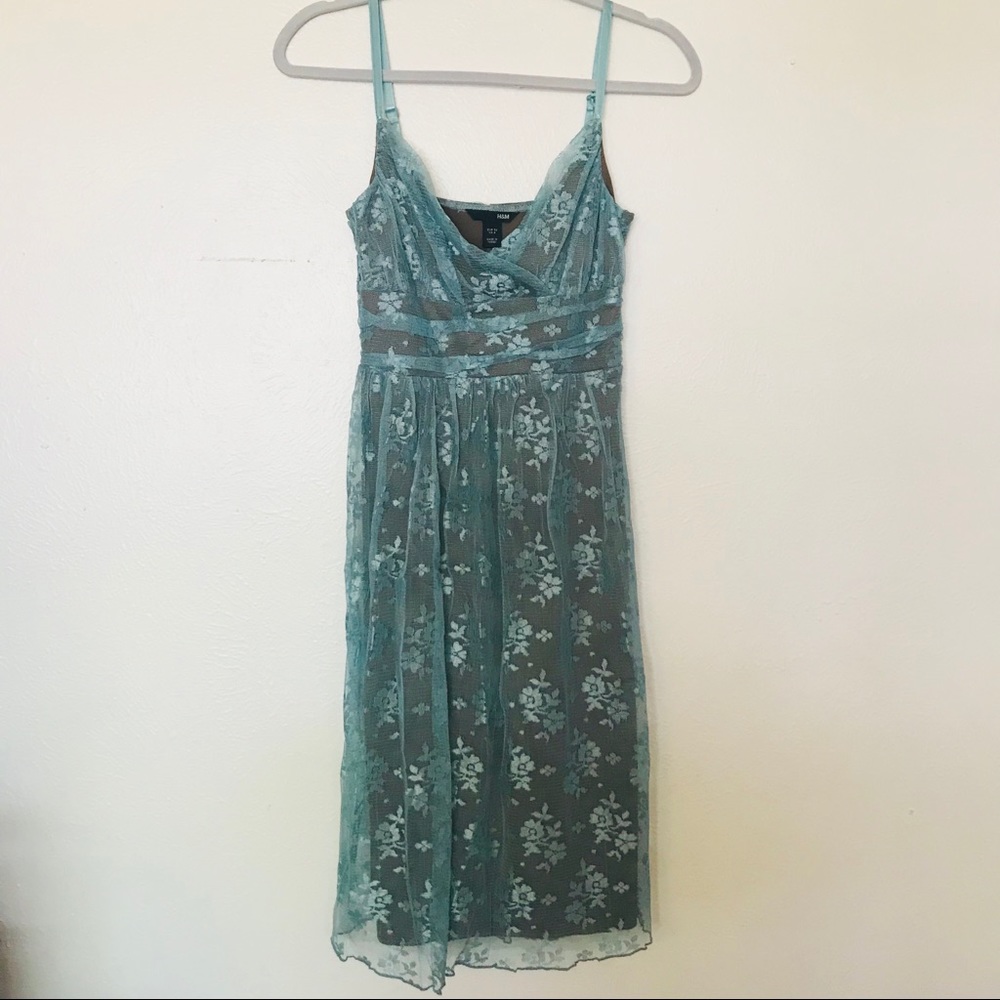 H&M green blue lace tulle lined dress Size S 4